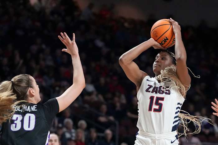 Gonzaga Bulldogs forward Yvonne Ejim (15) shoots the basketball against Portland Pilots forward Lucy Cochrane (30) during the second half in the finals of the WCC Basketball Championship at Orleans Arena on March 12, 2024.